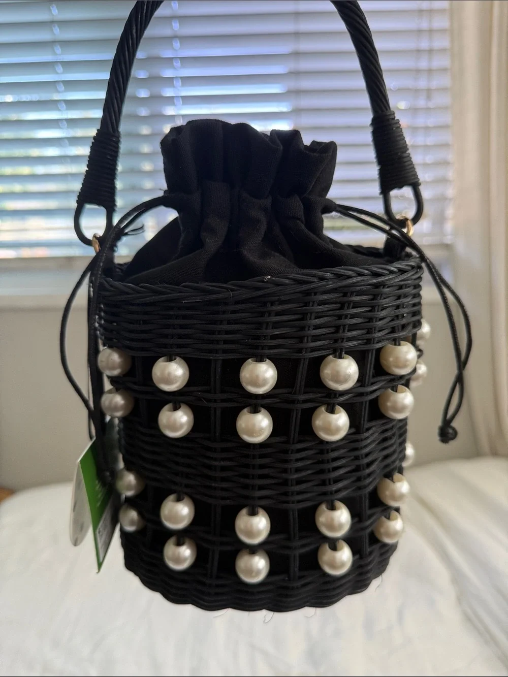 kate spade Black Wicker Bucket Bag with Pearl Accents